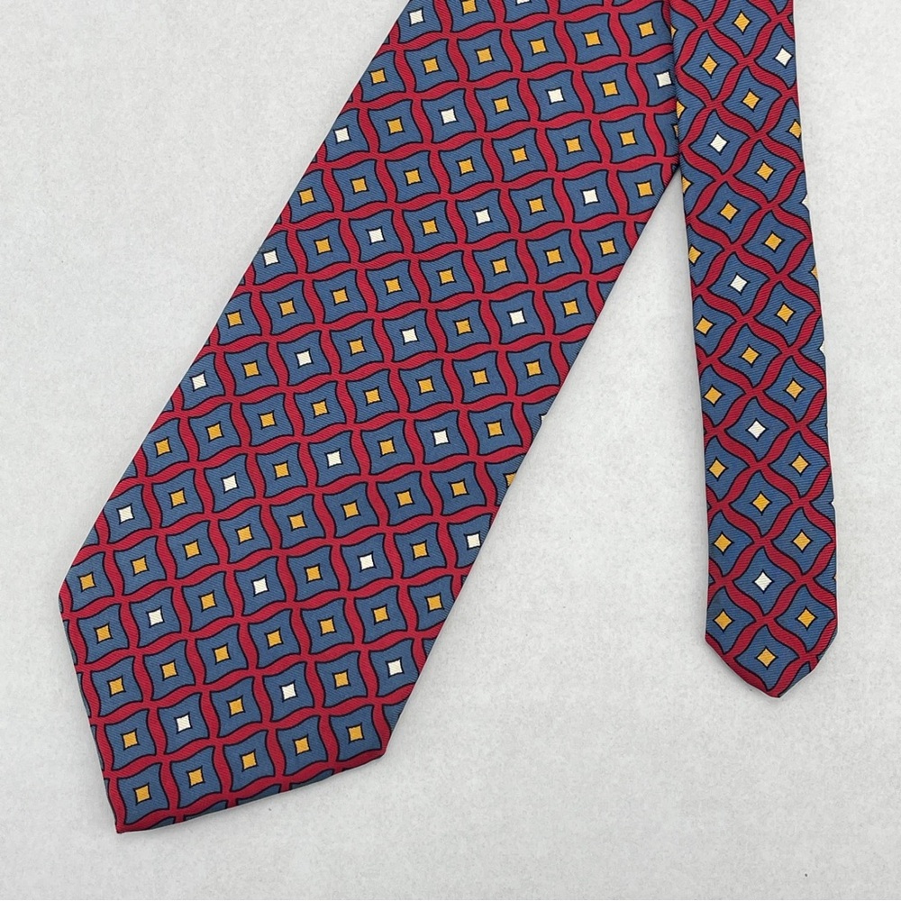 Brooks Brothers Makers Mens Silk Necktie Red Blue Geometric USA Luxury Designer
